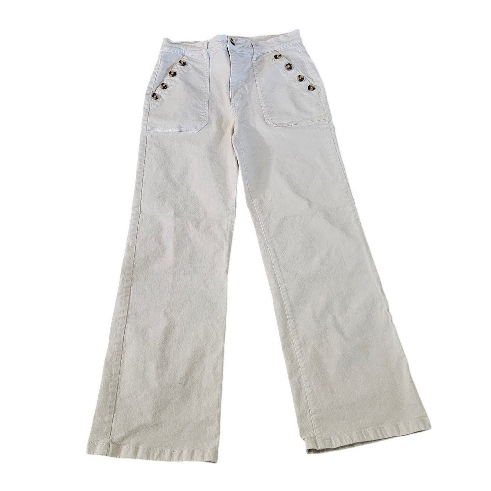 LOFT The Wide Leg Sailor Pants Cream Denim Button Front Size 6 28
